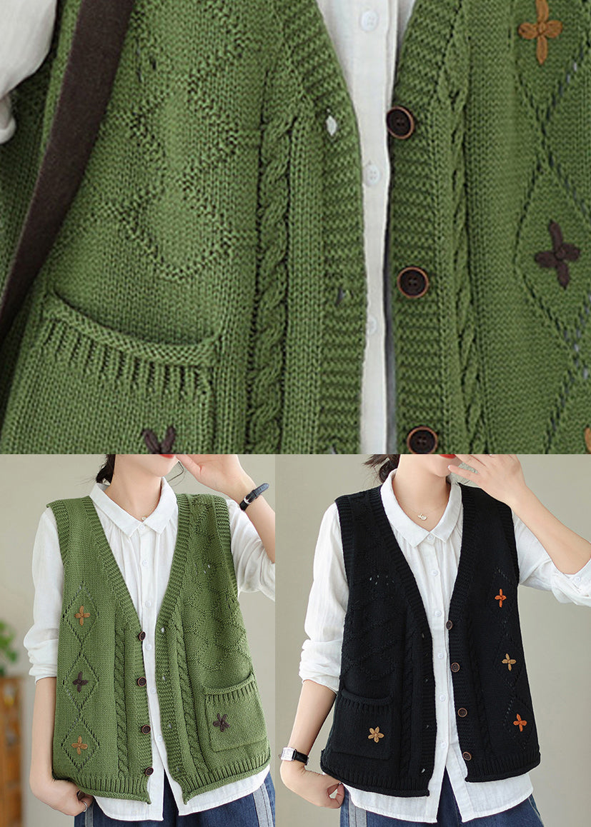 Boutique Green V Neck Embroidered Knit Vest Fall QA033 OM-ZS241009