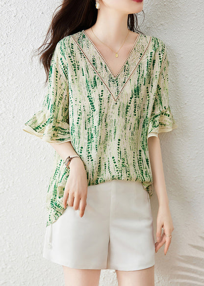 Boutique Green V Neck Print Chiffon Shirt Butterfly Sleeve TH027