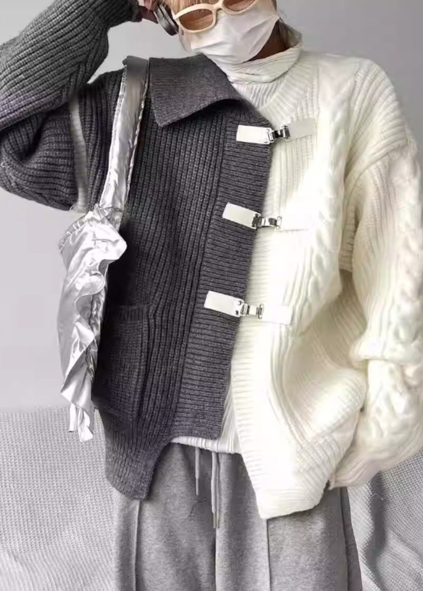 Boutique Grey Asymmetrical Buckle Patchwork Knit Sweaters Spring YY036 ABC