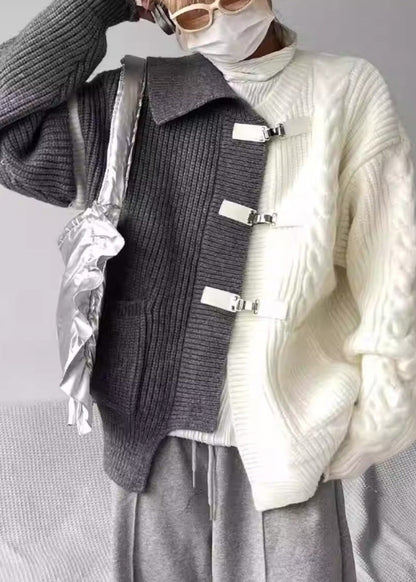 Boutique Grey Asymmetrical Buckle Patchwork Knit Sweaters Spring YY036 ABC