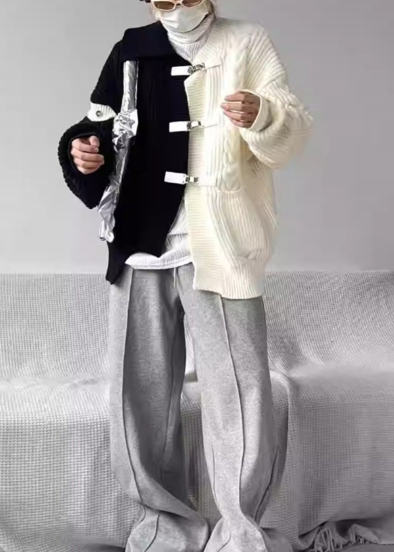 Boutique Grey Asymmetrical Buckle Patchwork Knit Sweaters Spring YY036 ABC