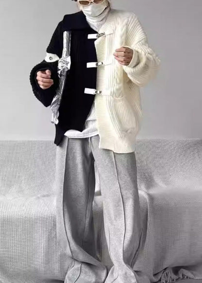 Boutique Grey Asymmetrical Buckle Patchwork Knit Sweaters Spring YY036 ABC