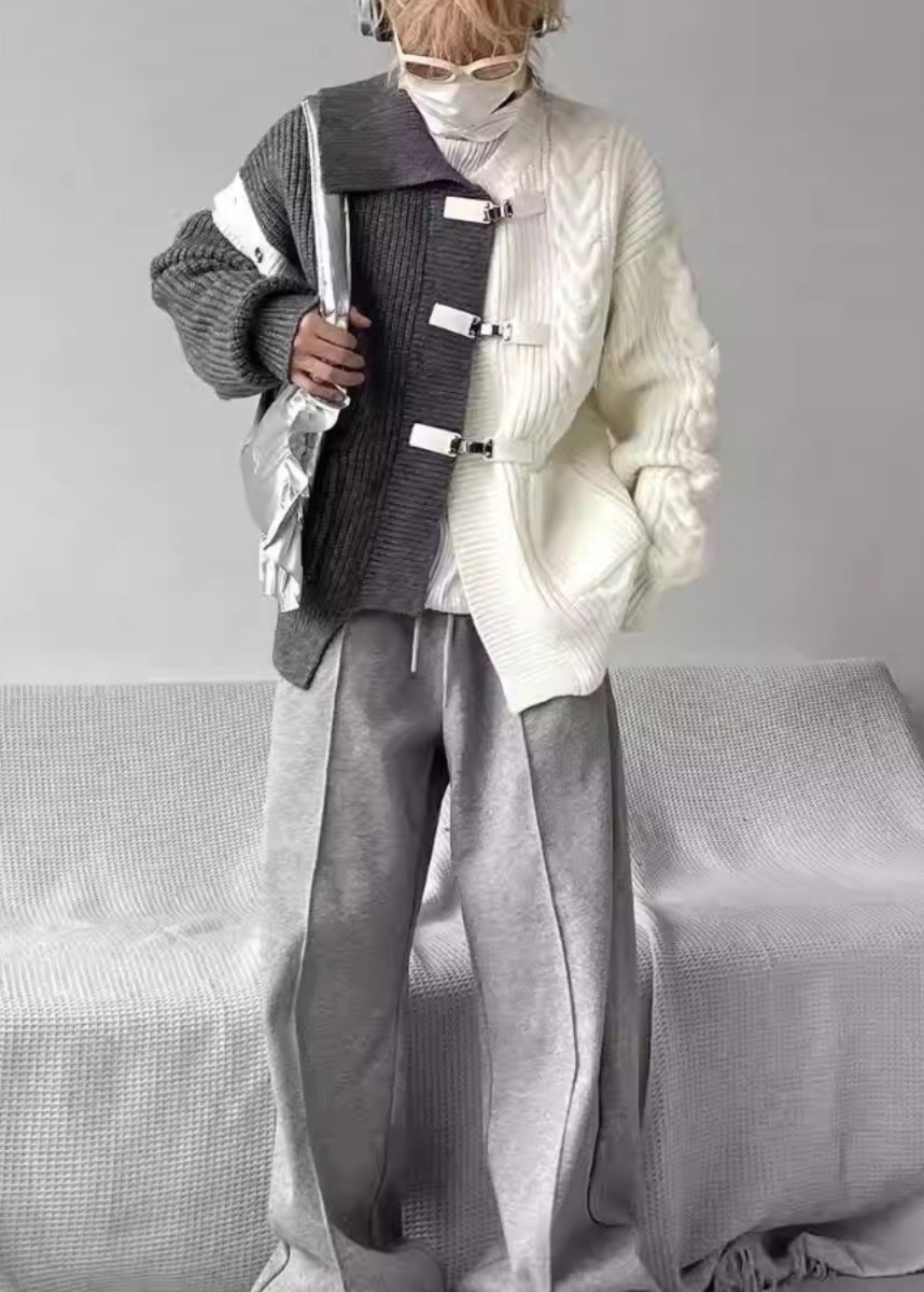 Boutique Grey Asymmetrical Buckle Patchwork Knit Sweaters Spring YY036 ABC