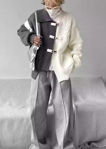 Boutique Grey Asymmetrical Buckle Patchwork Knit Sweaters Spring YY036 ABC