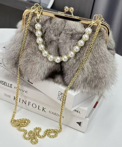 Boutique Linked Messenger Grey Fur Fluffy Chain Fuzzy Bag FashionChic