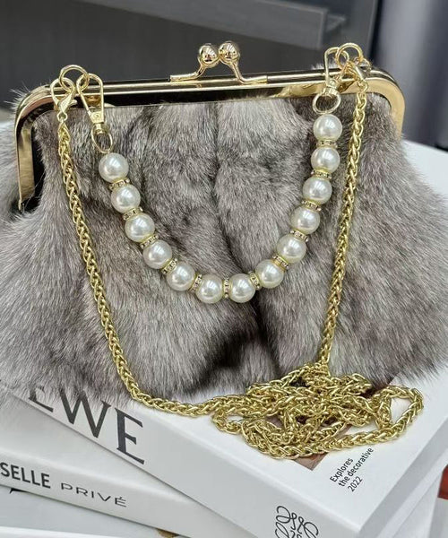 Boutique Linked Messenger Grey Fur Fluffy Chain Fuzzy Bag FashionChic