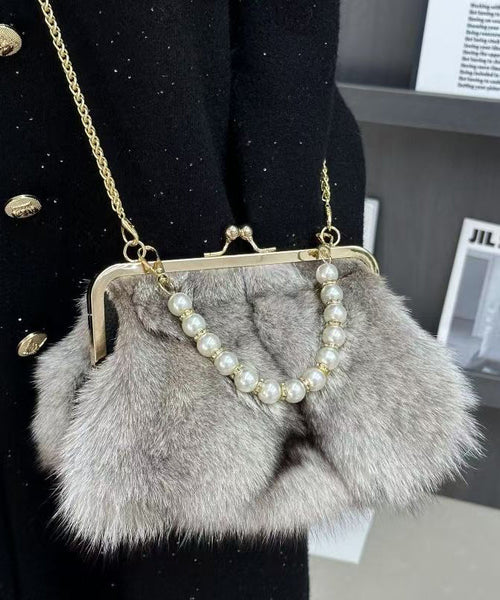 Boutique Linked Messenger Grey Fur Fluffy Chain Fuzzy Bag FashionChic