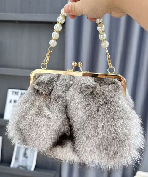 Boutique Linked Messenger Grey Fur Fluffy Chain Fuzzy Bag FashionChic