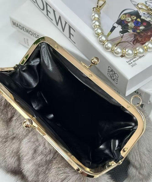 Boutique Linked Messenger Grey Fur Fluffy Chain Fuzzy Bag FashionChic