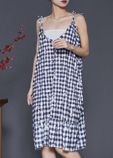 Boutique Grey Plaid Cotton Spaghetti Strap Dress Summer SD1004 Ada Fashion