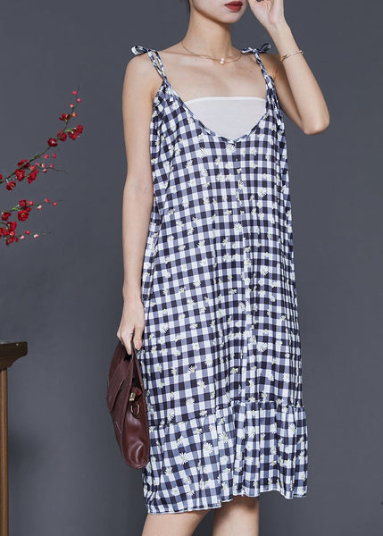 Boutique Grey Plaid Cotton Spaghetti Strap Dress Summer SD1004 Ada Fashion