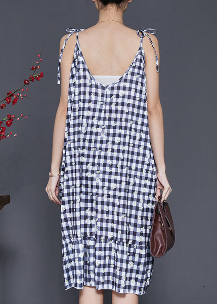Boutique Grey Plaid Cotton Spaghetti Strap Dress Summer SD1004 Ada Fashion