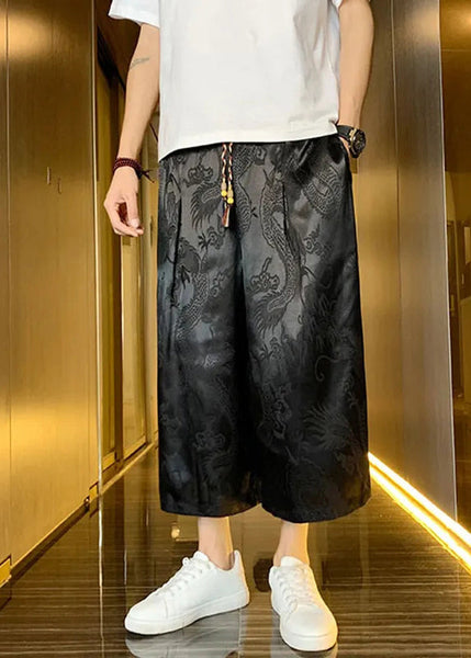 Boutique Grey Pockets Oriental Print Ice Silk Mens Crop Pants Summer SA043 Men-casual-MENCP240726