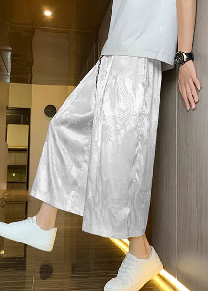 Boutique Grey Pockets Oriental Print Ice Silk Mens Crop Pants Summer SA043 Men-casual-MENCP240726