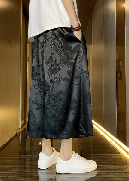 Boutique Grey Pockets Oriental Print Ice Silk Mens Crop Pants Summer SA043 Men-casual-MENCP240726