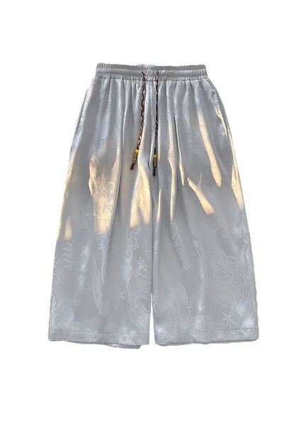 Boutique Grey Pockets Oriental Print Ice Silk Mens Crop Pants Summer SA043 Men-casual-MENCP240726