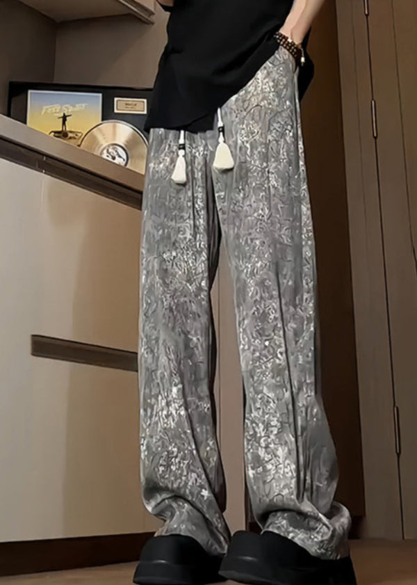 Boutique Grey Pockets Print Ice Silk Mens Trousers Summer SA037 Men-casual-MENP240726