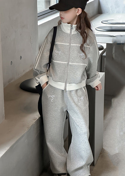 Boutique Grey Stand Collar Patchwork Girls Coats And Wide Leg Pants Two Pieces Sets Spring TR023 ABC