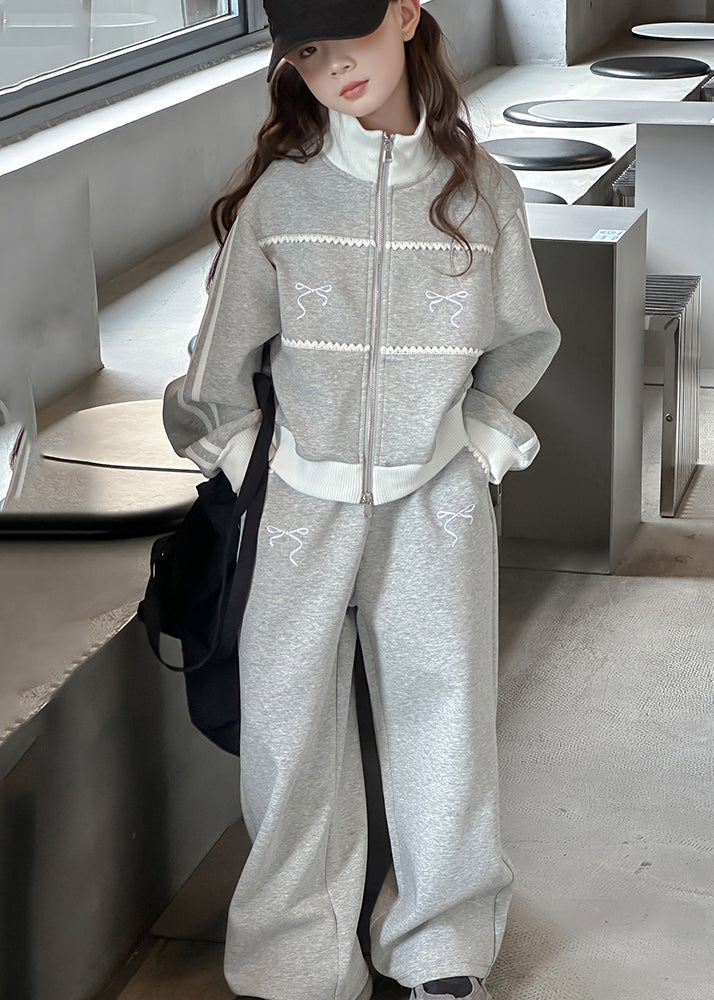 Boutique Grey Stand Collar Patchwork Girls Coats And Wide Leg Pants Two Pieces Sets Spring TR023 ABC