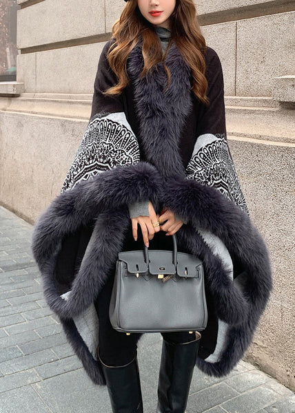 Boutique Handmade Black Hooded Patchwork Faux Fur Shawl WN007 ABC