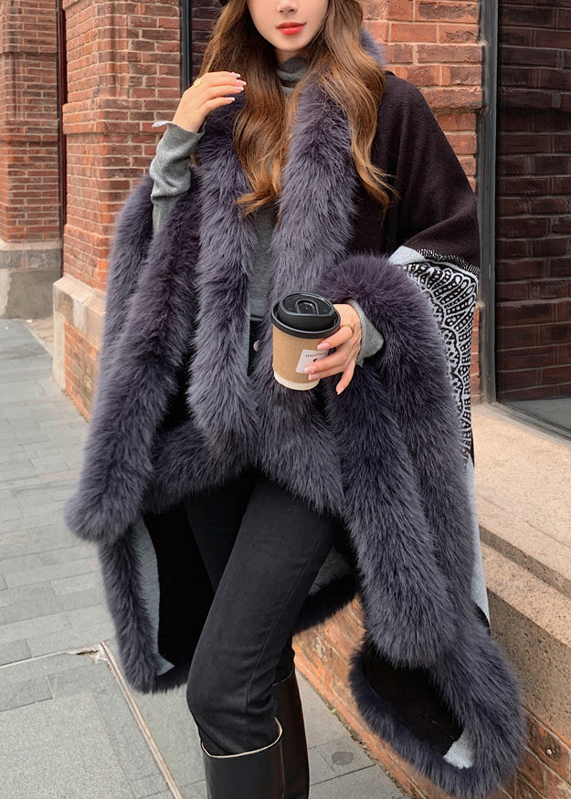 Boutique Handmade Black Hooded Patchwork Faux Fur Shawl WN007 ABC