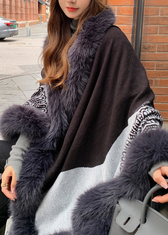 Boutique Handmade Black Hooded Patchwork Faux Fur Shawl WN007 ABC