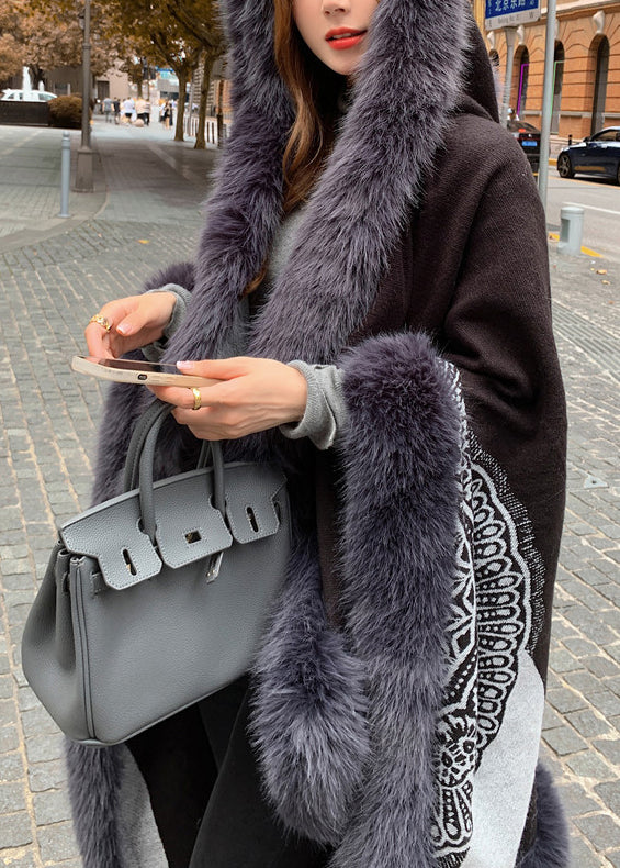 Boutique Handmade Black Hooded Patchwork Faux Fur Shawl WN007 ABC