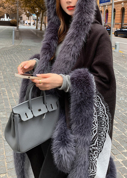 Boutique Handmade Black Hooded Patchwork Faux Fur Shawl WN007 ABC