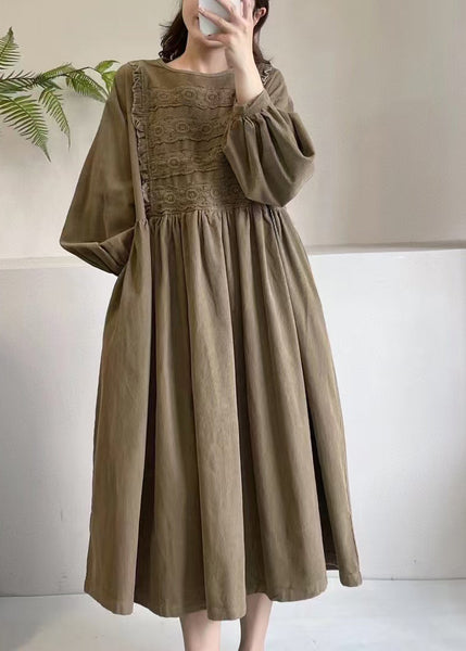 Khaki Corduroy Boutique Dress Maxi Spring Embroidered FashionChic