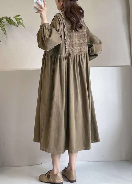 Khaki Corduroy Boutique Dress Maxi Spring Embroidered FashionChic