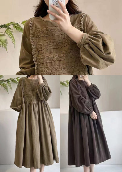 Khaki Corduroy Boutique Dress Maxi Spring Embroidered FashionChic