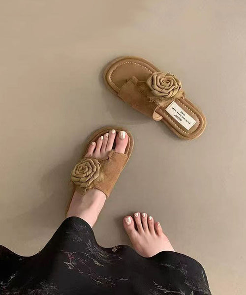 Boutique Khaki Floral Splicing Suede Flip Flops AP1036 shoe-LT240905