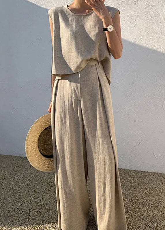 Shirt Pieces T Wide And Pants O-Neck Two Khaki Set Leg Boutique FashionChic