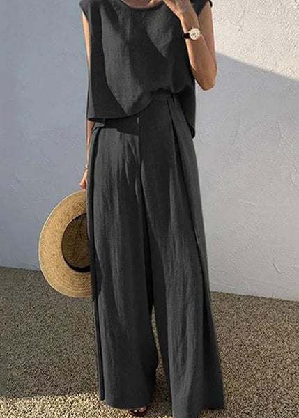 Shirt Pieces T Wide And Pants O-Neck Two Khaki Set Leg Boutique FashionChic