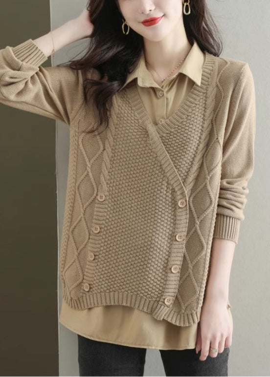 Boutique Khaki Oversized Patchwork Knit Fake Two Piece Tops Fall OO015 OM-CS240816