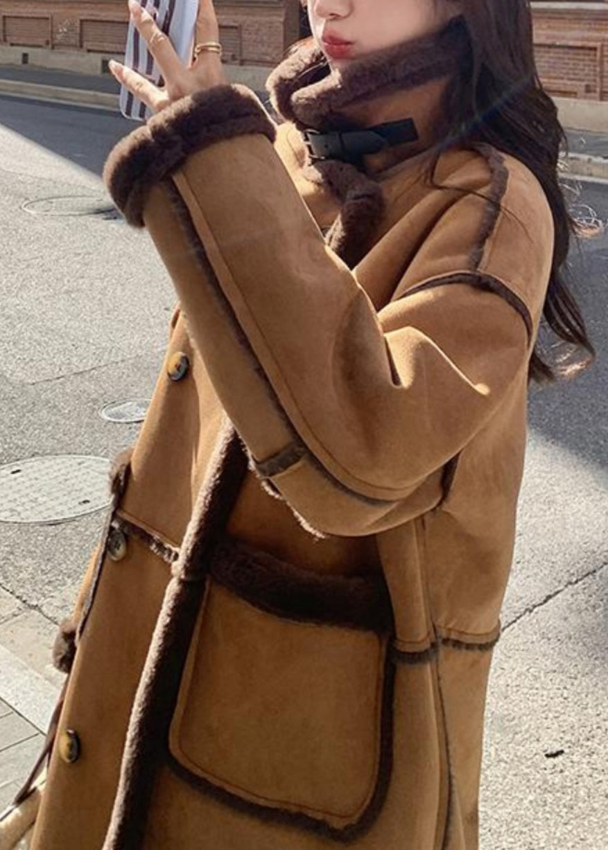 Boutique Khaki Pockets Patchwork Faux Suede Fleece Wool Lined Coat Winter YY008 ABC