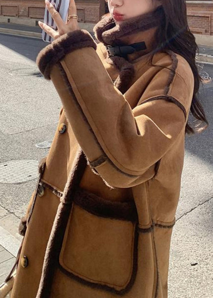 Boutique Khaki Pockets Patchwork Faux Suede Fleece Wool Lined Coat Winter YY008 ABC
