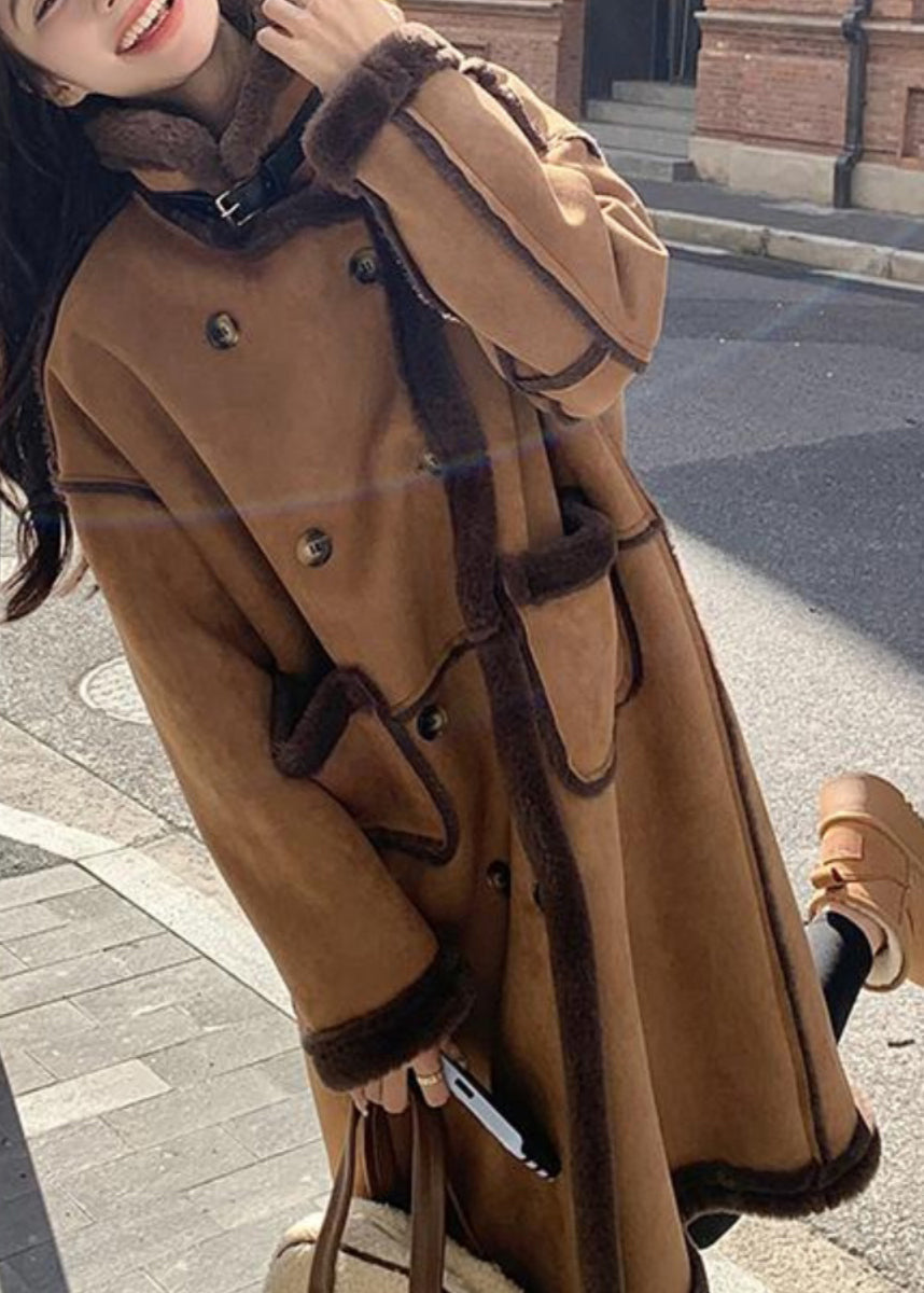 Boutique Khaki Pockets Patchwork Faux Suede Fleece Wool Lined Coat Winter YY008 ABC