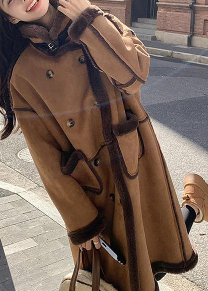 Boutique Khaki Pockets Patchwork Faux Suede Fleece Wool Lined Coat Winter YY008 ABC