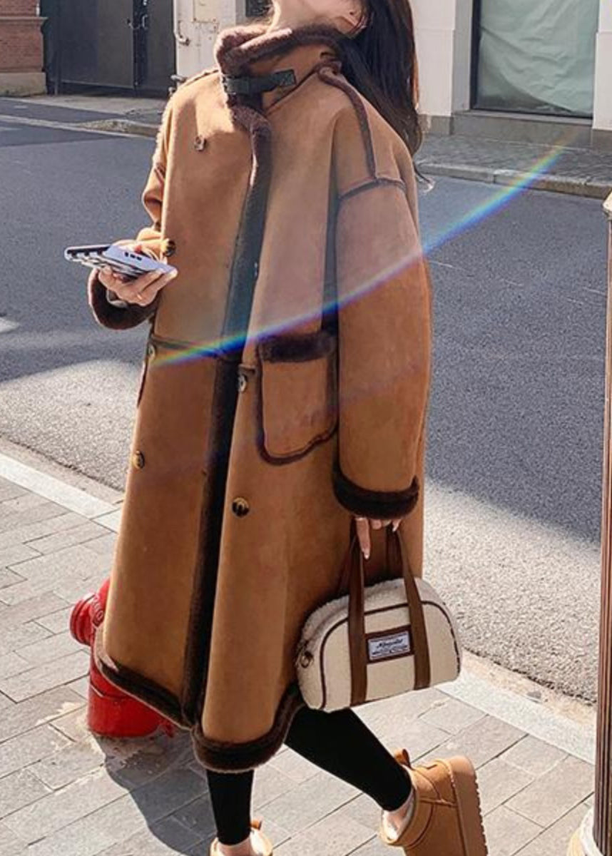 Boutique Khaki Pockets Patchwork Faux Suede Fleece Wool Lined Coat Winter YY008 ABC