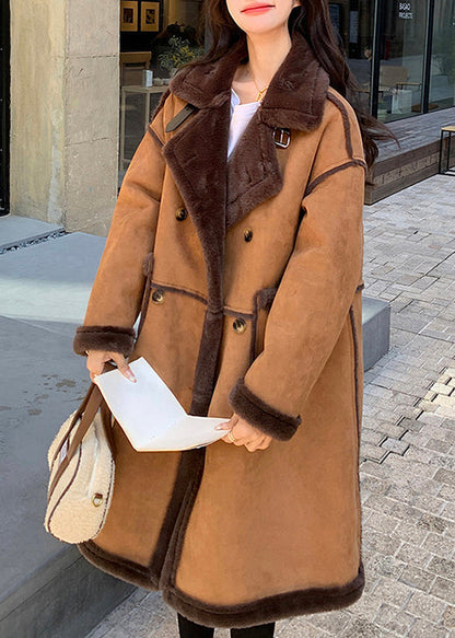 Boutique Khaki Pockets Patchwork Faux Suede Fleece Wool Lined Coat Winter YY008 ABC