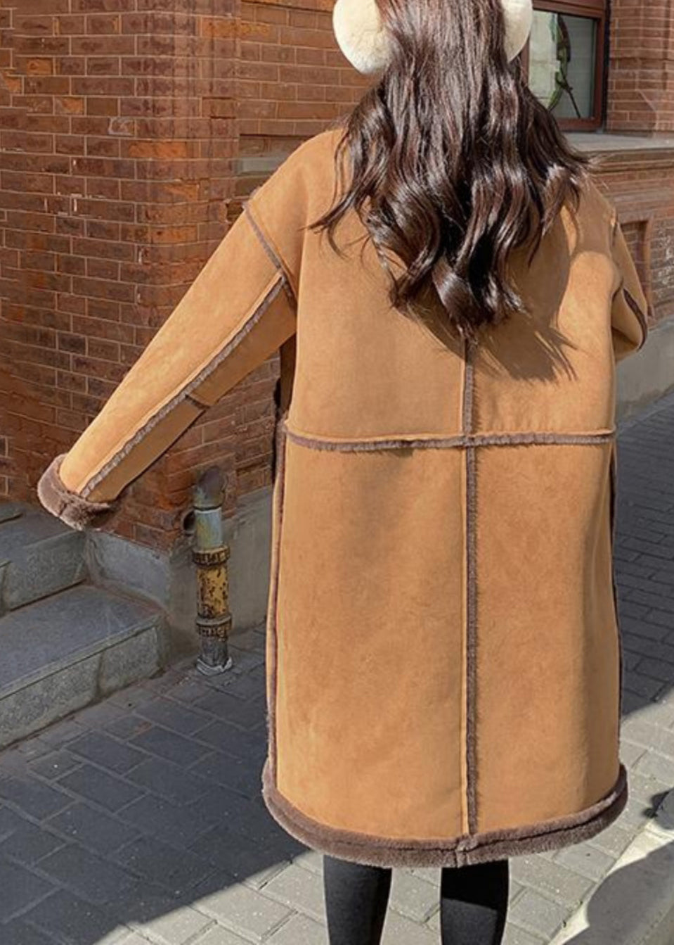 Boutique Khaki Pockets Patchwork Faux Suede Fleece Wool Lined Coat Winter YY008 ABC