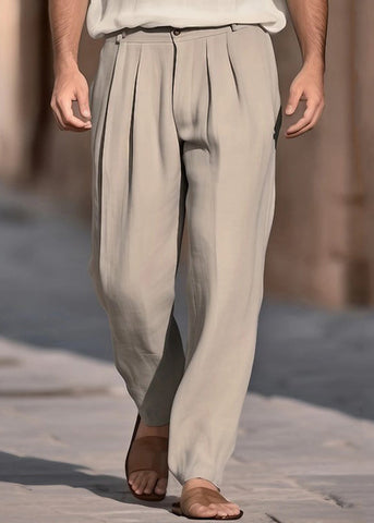 Solid Pants Men High Summer Khaki Boutique Cotton Waist Wrinkled FashionChic