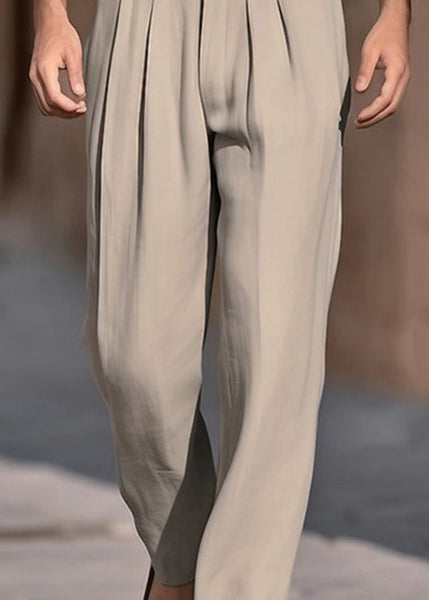 Solid Pants Men High Summer Khaki Boutique Cotton Waist Wrinkled FashionChic