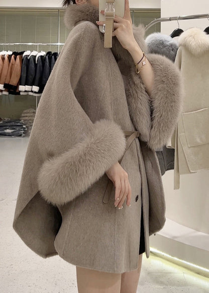 Boutique Light Camel Fur Collar Patchwork Cape Coat Winter RS036 ABC