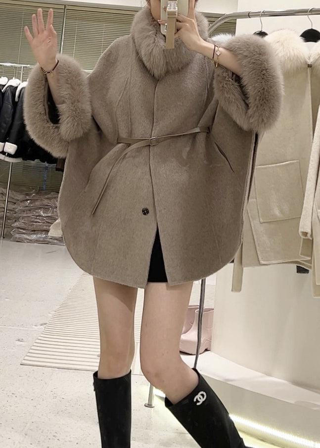 Boutique Light Camel Fur Collar Patchwork Cape Coat Winter RS036 ABC