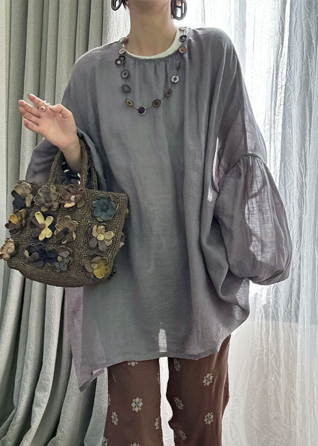 Boutique Loose Grey O Neck Linen Top Lantern Sleeve WE010 HS-LTP241028