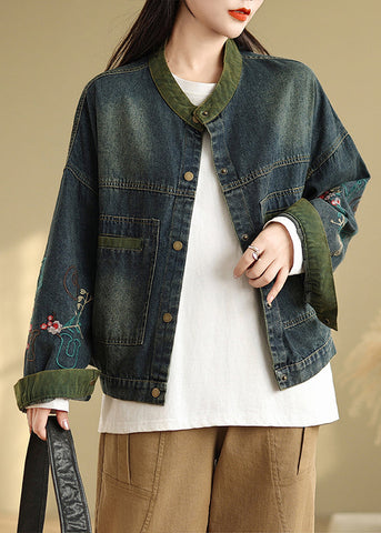 Boutique Navy Embroidered Patchwork Denim Coat Spring TM002 ABC