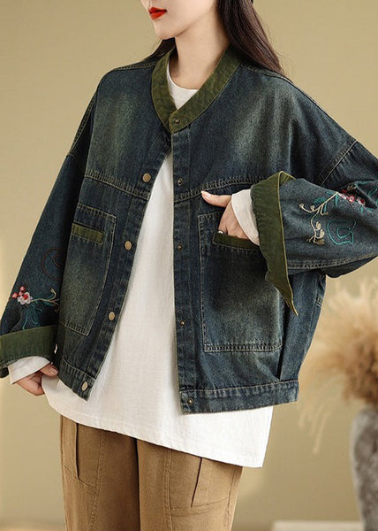 Boutique Navy Embroidered Patchwork Denim Coat Spring TM002 ABC