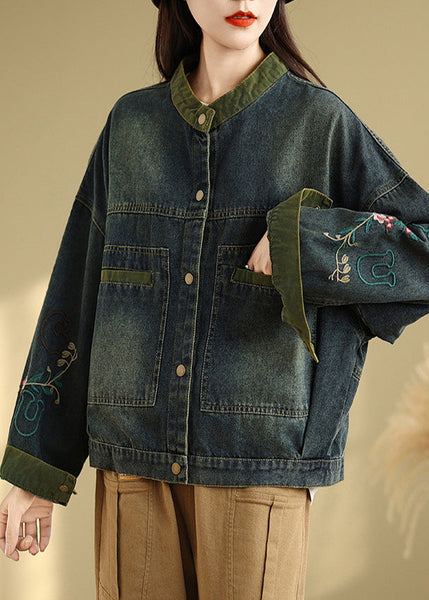 Boutique Navy Embroidered Patchwork Denim Coat Spring TM002 ABC